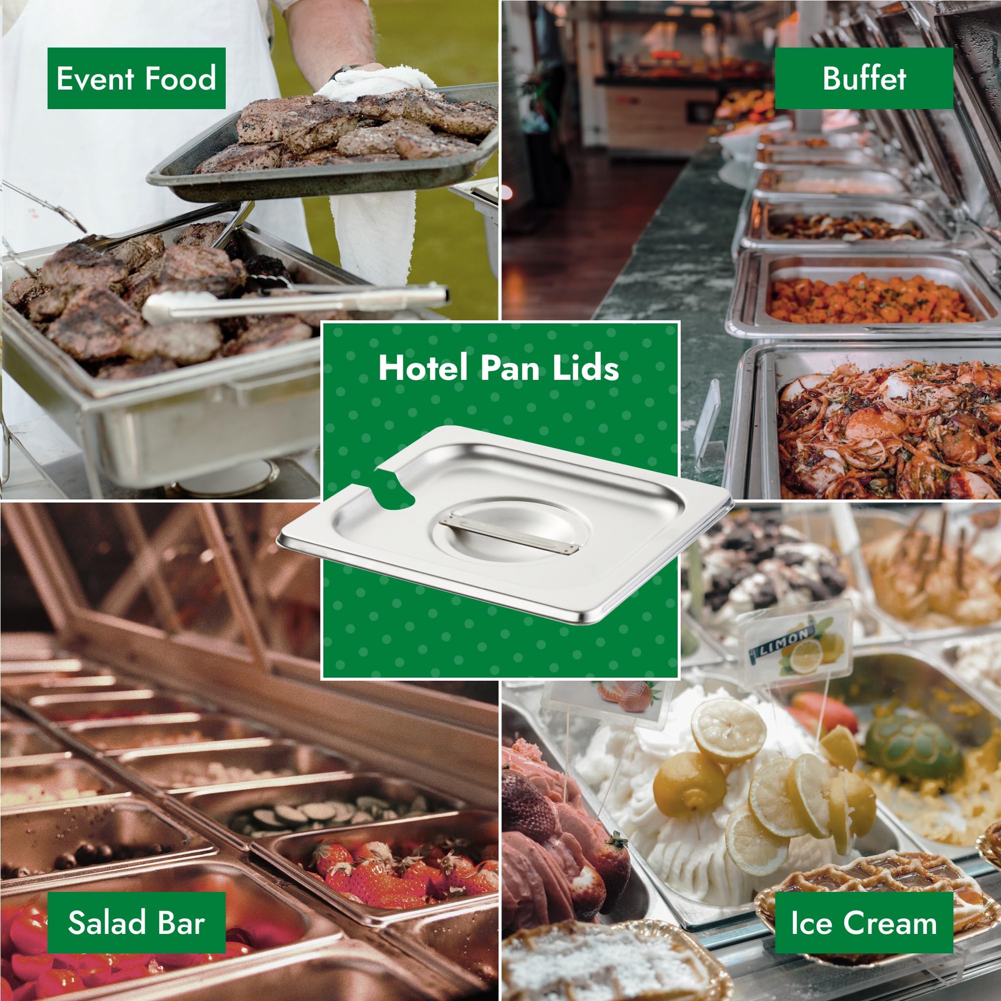 HECMAC Paquete de 6 fundas ranuradas para sartén de hotel, de acero inoxidable, sólidas, para mesa de vapor, catering, alimentos, con asa, 6 unidades