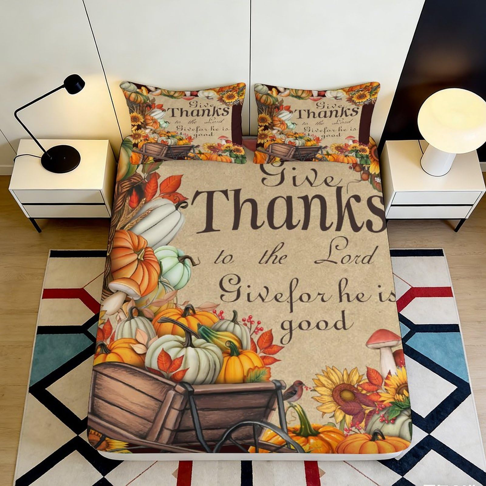 3D Printed Thanksgiving Harvest Fitted Sheet Microfiber Autumn Pumpkin Mattress Cover for Bedroom Guest Room Decor 90x200x25cm