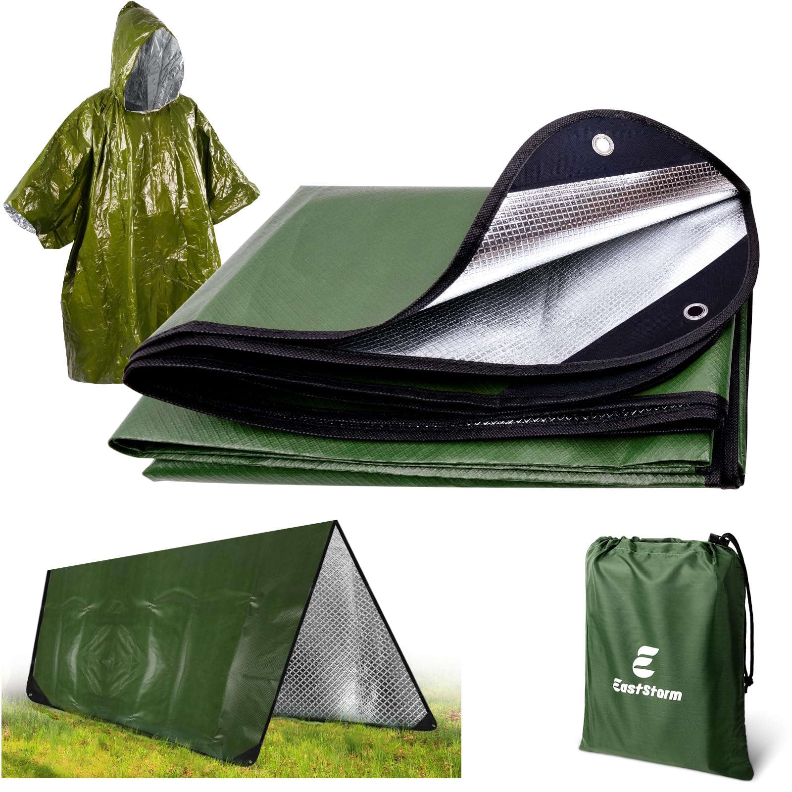 7×5ft Heavy Emergency Blanket with Rain Poncho,Thickened Bivvy Bag Survival Rescue Blanket Reusable,Tarpaulin Waterproof Reflective Tarp Three layers of Protection for Outdoor Camping