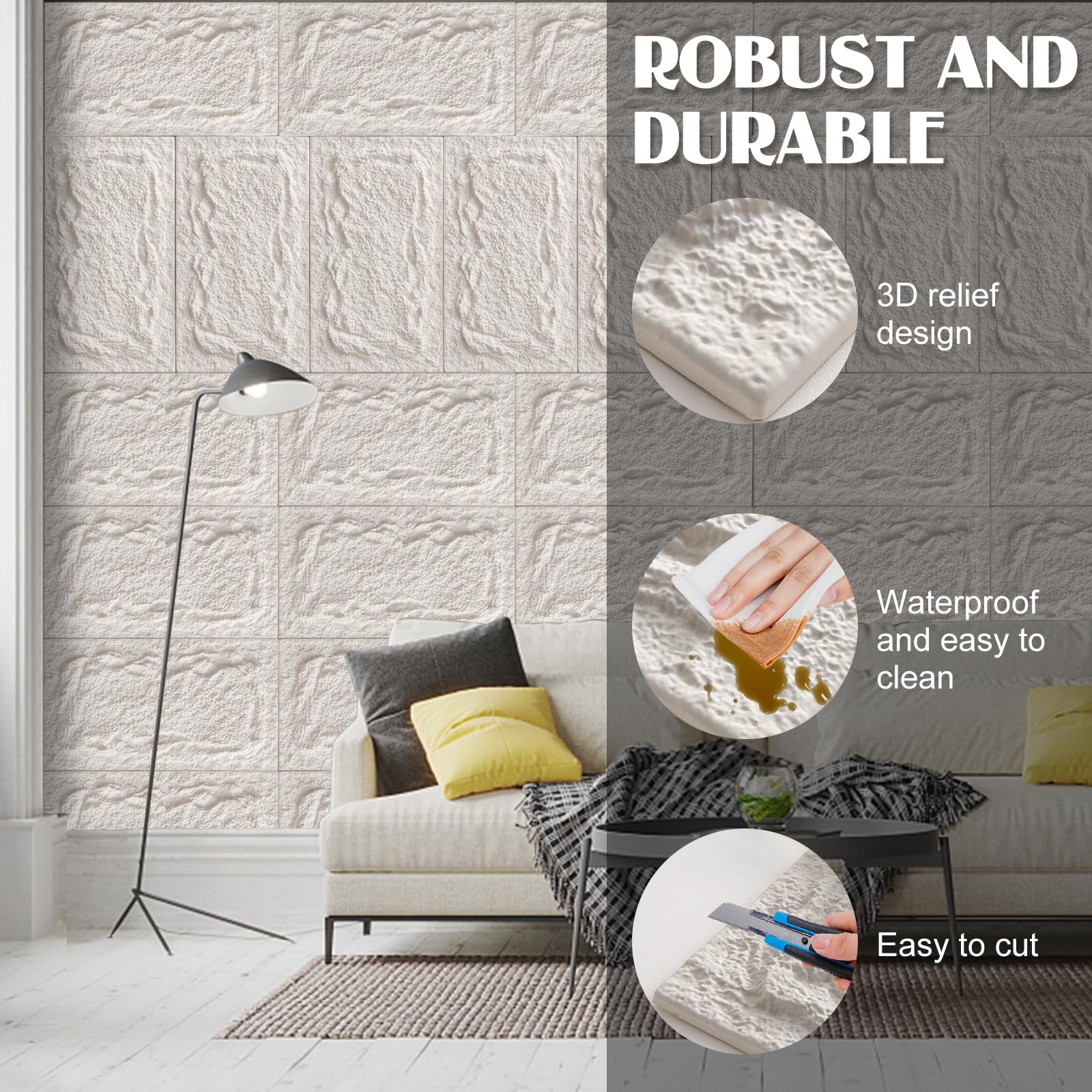 10 Piezas Paneles de Pared 3D con Aspecto de Piedra, 45 x 25cm PVC Paneles Decorativos para Pared interiores y exterior, Paneles Acústicos 3D, Revestimiento de Pared (Blanco)