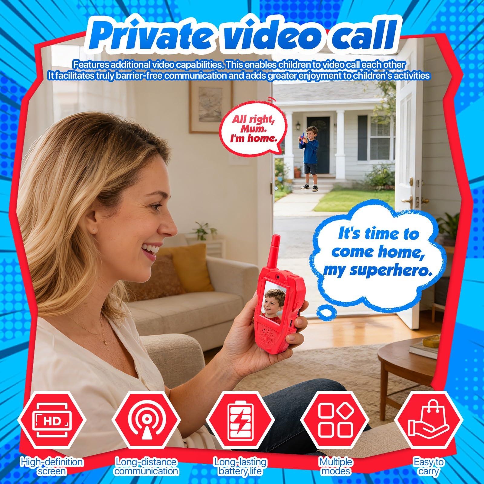 Video Talkie Walkie Enfants, Talkie Walkie Enfants Rechargeable avec Vidéo & Caméra HD, par USB-C avec Écran IPS 2 Pouces Changeur de Voix pour Le Camping, lesVoyages, Cadeau pour Enfants