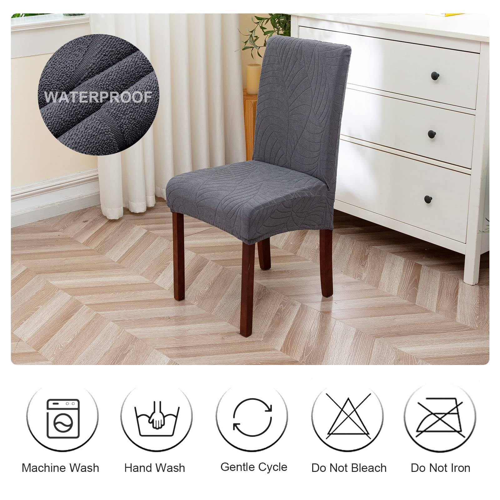 Genina Lot de 6 housses de chaise imperméables en jacquard, extensibles, amovibles et lavables pour chaises de salle à manger, cuisine, hôtel, restaurant (feuilles-gris foncé)