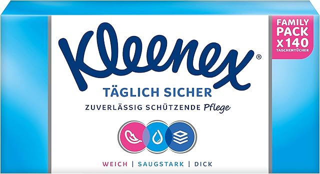 Kleenex Bezpieczne pudełko na chusteczki higieniczne, 3-warstwowe, do codziennego użytku, 1 opakowanie po 140 chusteczek