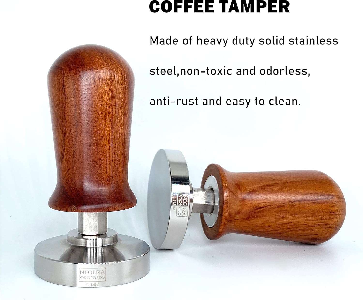 NEOUZA 51mm Calibrated Espresso Tamper,Coffee Tamper with Wooden Handle and Spring Loaded Flat,Stainless Steel Base (51mm)
