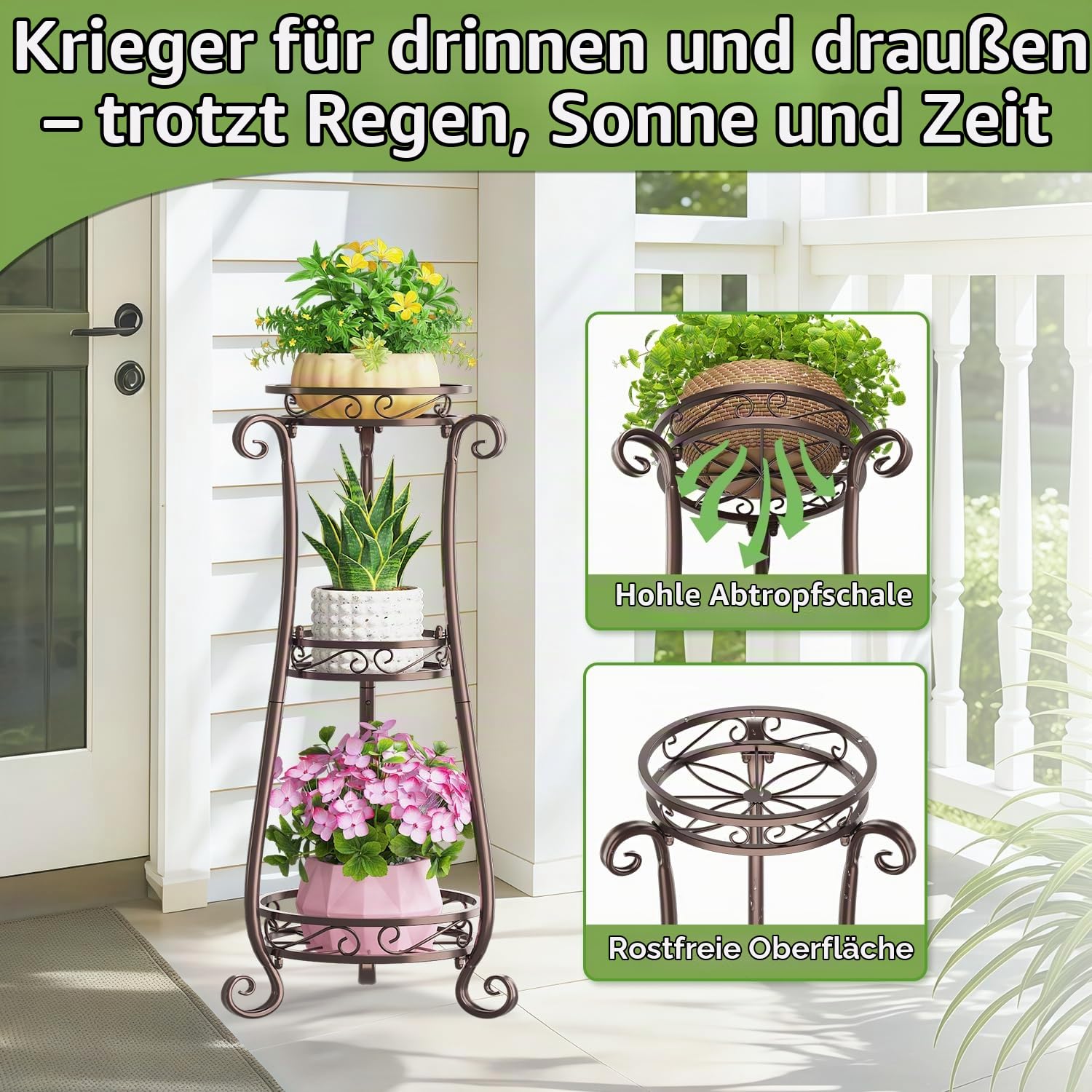 3 Etagen Blumenständer Pflanzenständer Blumenetagere Pflanzenregal aus Metall für große Töpfe Indoor Outdoor, hohes stabiles Blumen Gestell Regal Stand für Balkon Büro Bad Ecke, Bronze