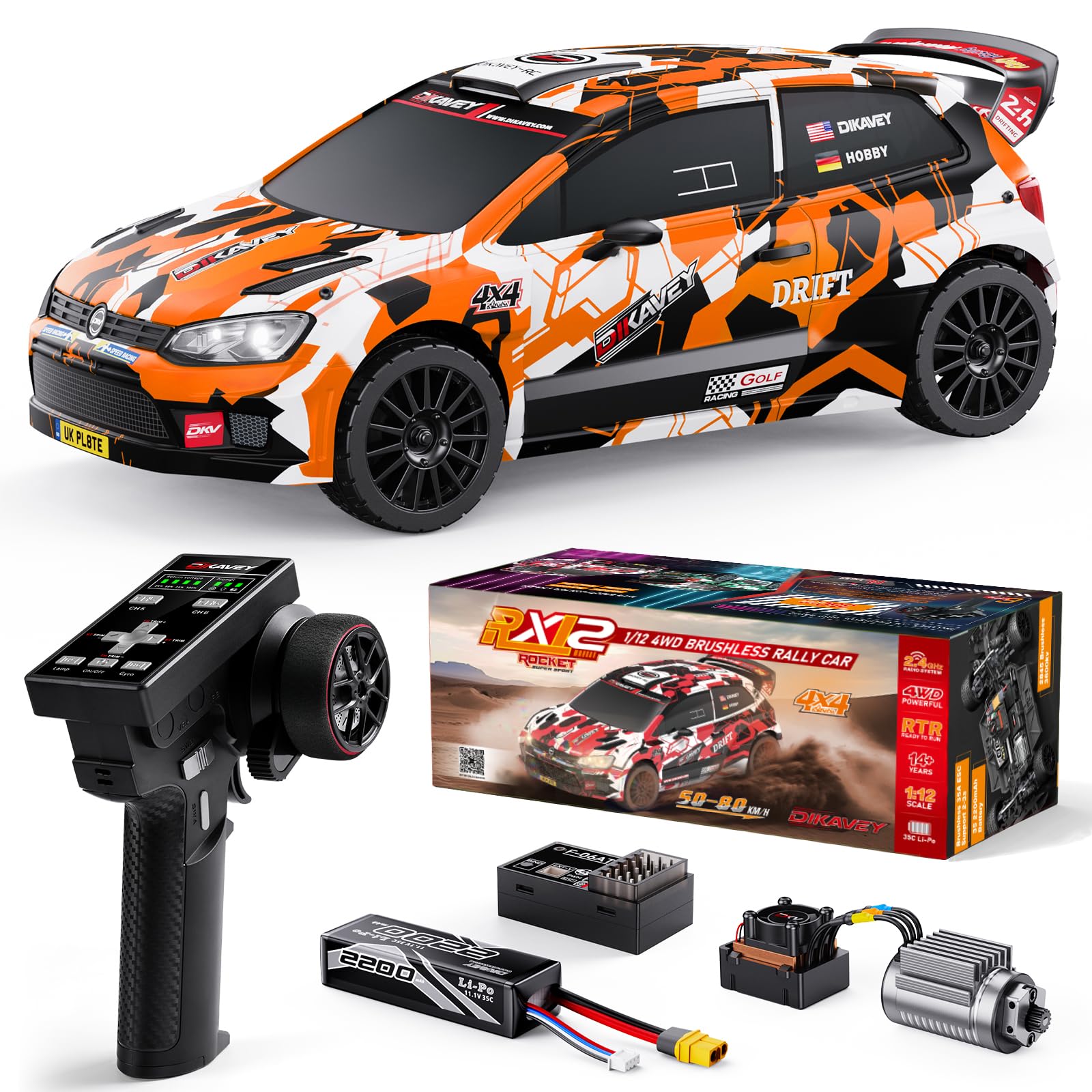 Coche radiocontrol RTR 1:12, Velocidad máx. 80 km/h, Coche de Drift con Giroscopio 4x4, Motor brushless, Batería 3S 2200 mAh, Coche teledirigido 4WD para Adultos - Naranja