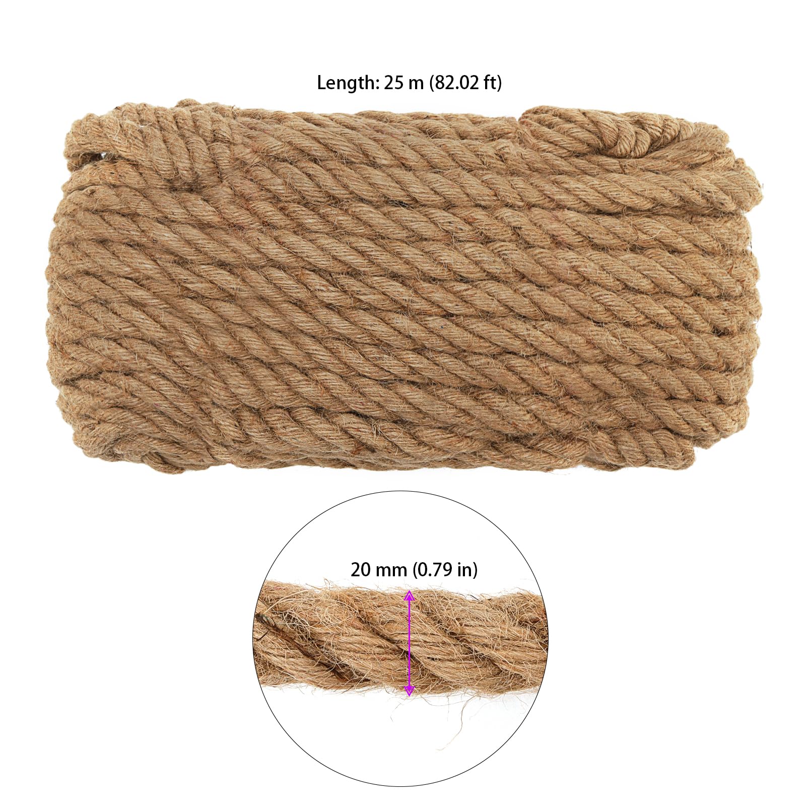 Corda di canapa spessa, 20 mm x 25 m, corda di iuta intrecciata, per impacchettare, decorare e fissare il giardinaggio