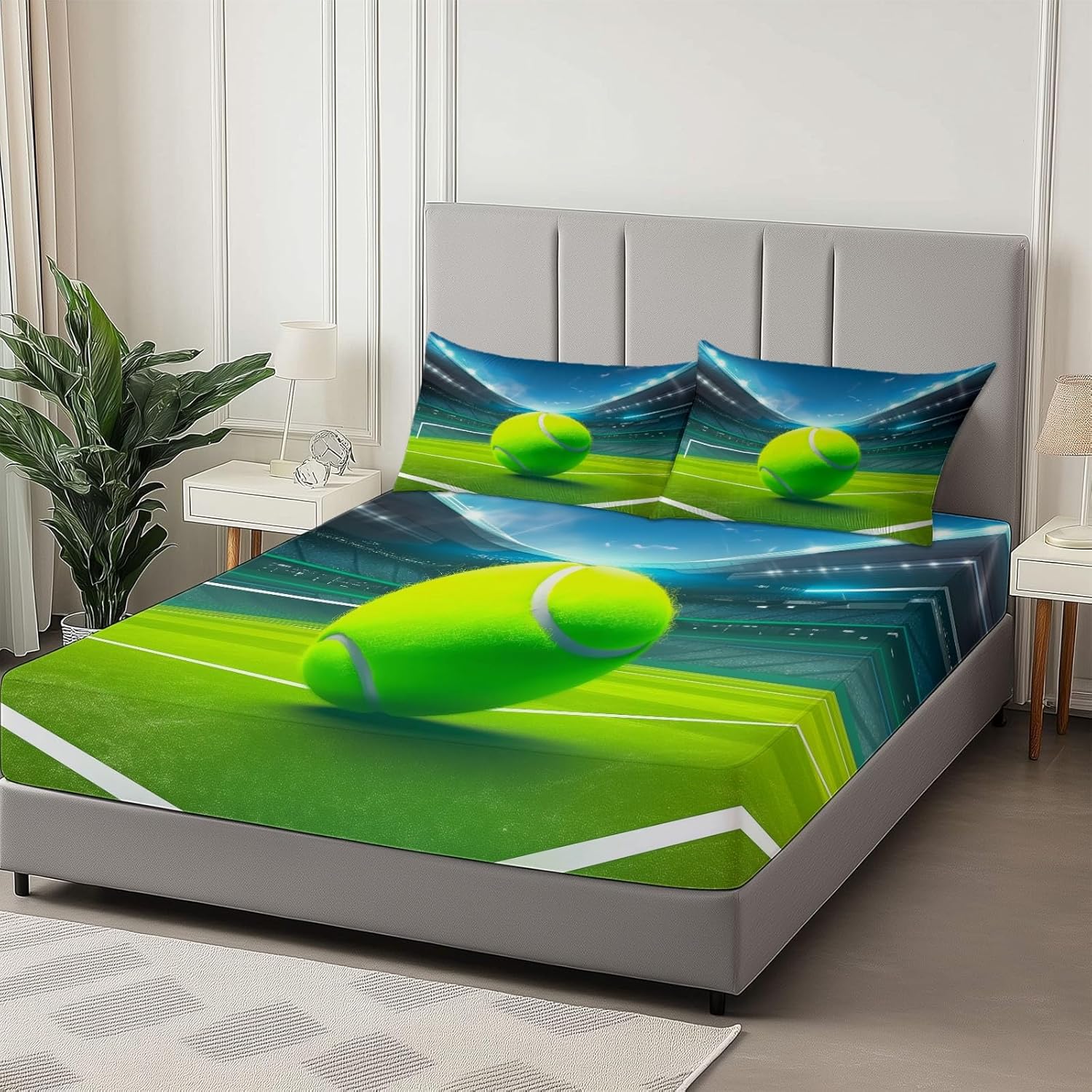 California King Fitted Sheet with Pillowcases Blue-Green, Stadium Tennis Lines Premium Double Microfiber Fitted Bottom Sheet, 16" Deep Pocket Non-Slip Bedding Design - Soft Shrinkage Fade Resistant