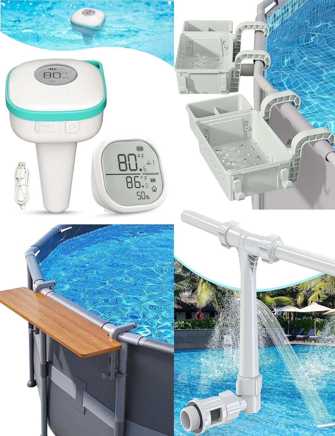 2 Sets Poolside Storage Basket & Pool Bar & Rechargeable Pool Thermometer Wireless & Pool Fountain