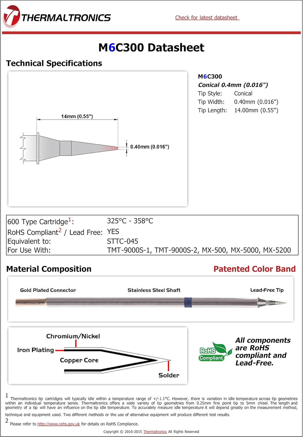M6C300 Conical 0.4mm (0.016in) interchangeable for Metcal STTC-045