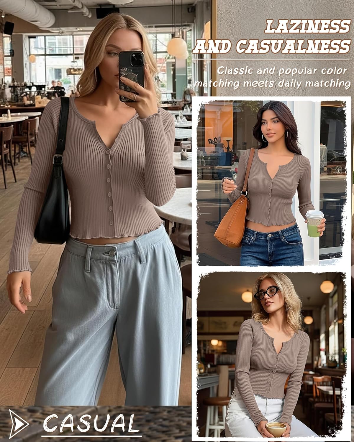 Oakgarden Women's Cropped Cardigan Cotton Long Sleeve Ribbed Y2k Button Down Shirt Scoop Neck Slim Fit Fall Top - Image 4