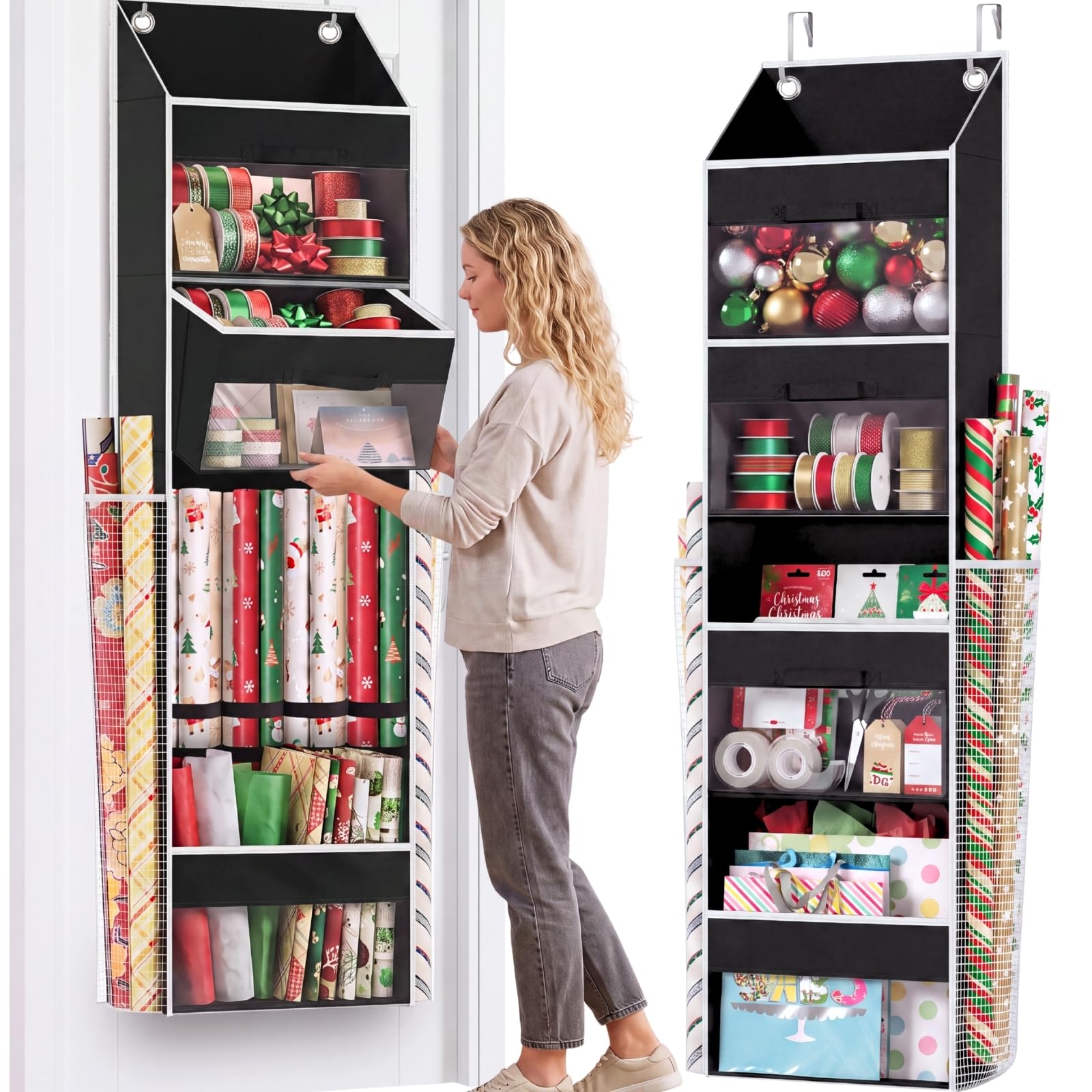 Black Over Door Wrapping Paper Organizer Storage with 3 Removable Drawers &amp; Side Pockets – Dual Use Design with Elastic Straps – Christmas Gift Wrap Storage for Ribbons, Bows,Ornament and Other Tools