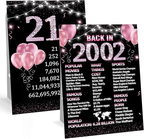 Taopink02 - Letreros de fiesta de cumpleaños número 21 con soporte de papel, 2 piezas, color oro rosa, vintage, 2002, decoración para fiesta de
