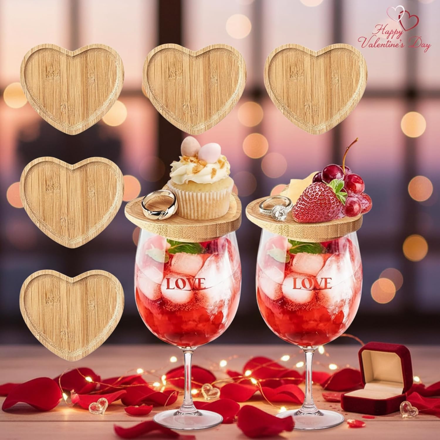 Mumufy 8 Pcs 4 Inch Natural Bamboo Wine Glass Charcuterie Board Topper Heart Shaped Dual Use Wine Glass Covers to Keep Bugs out Topper Appetizer Plates for Family Gathering, Restaurant, Bar