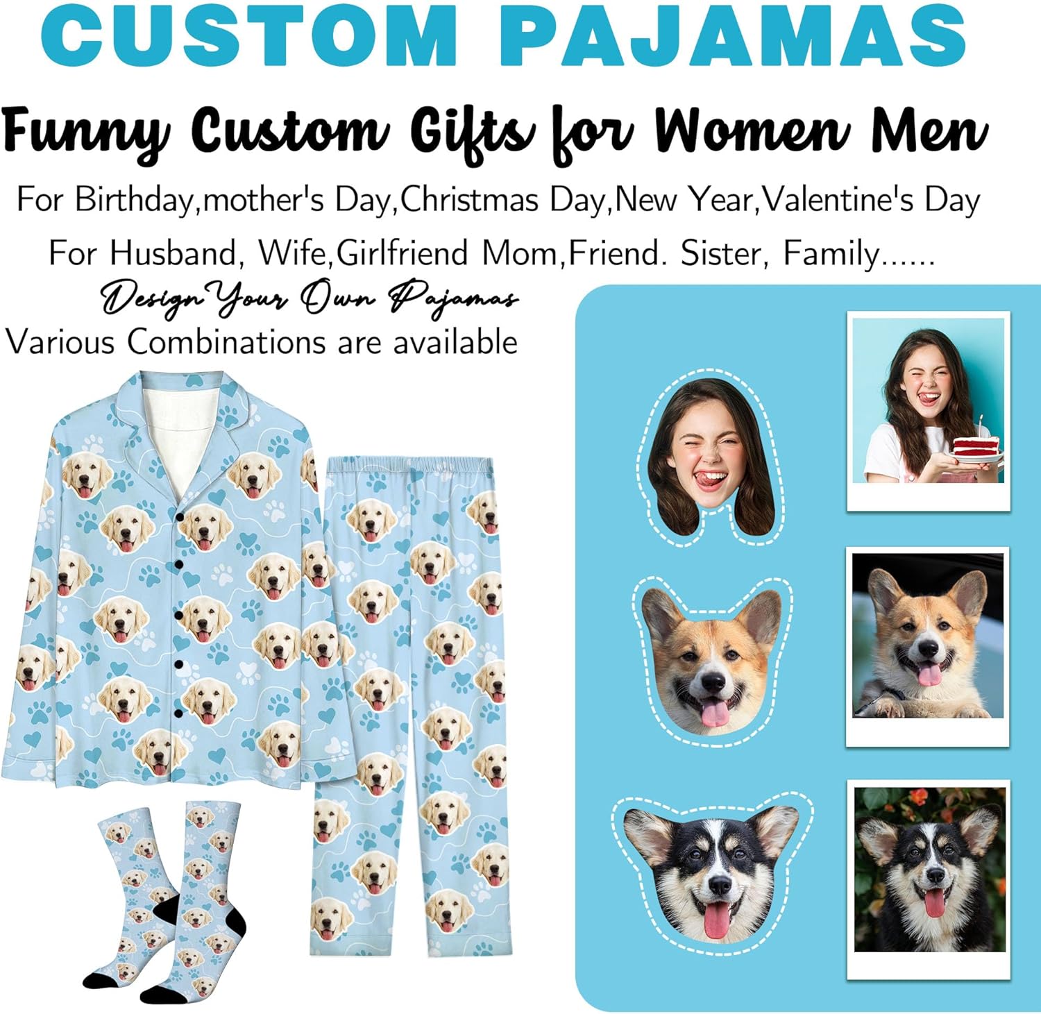 Artsadd Custom Christmas Pajamas for Men Women Personalized Face Pajama Pjs Customized Button Down Pajama Set Gift for Xmas - Image 2