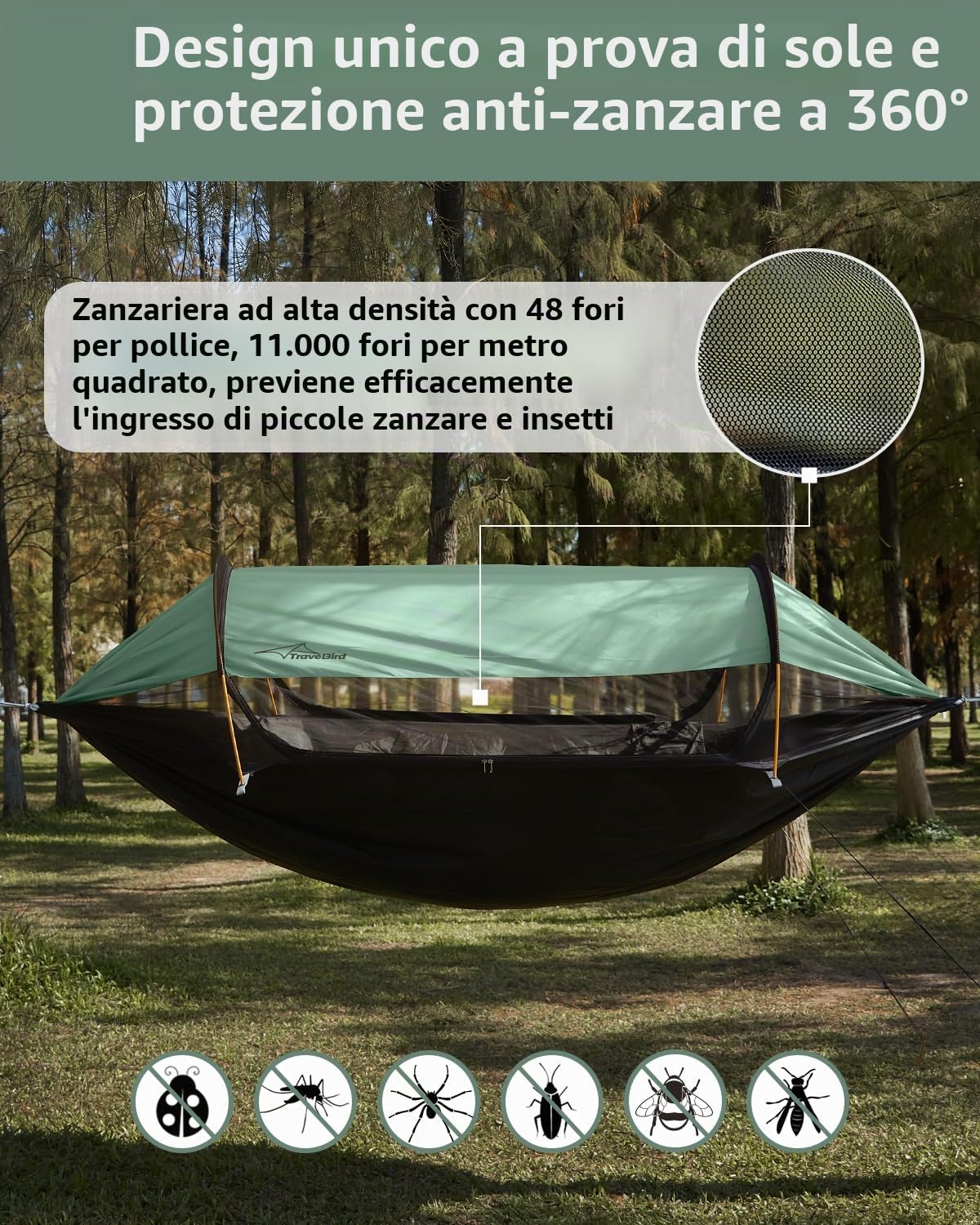 Amaca da Campeggio, Amaca Tenda con Zanzariera e Parasole, 290X140 cm, Amache Sospese Leggere Multimodali con Cinghie per Alberi, Tenda da Terra per Esterni, Escursionismo e Campeggio