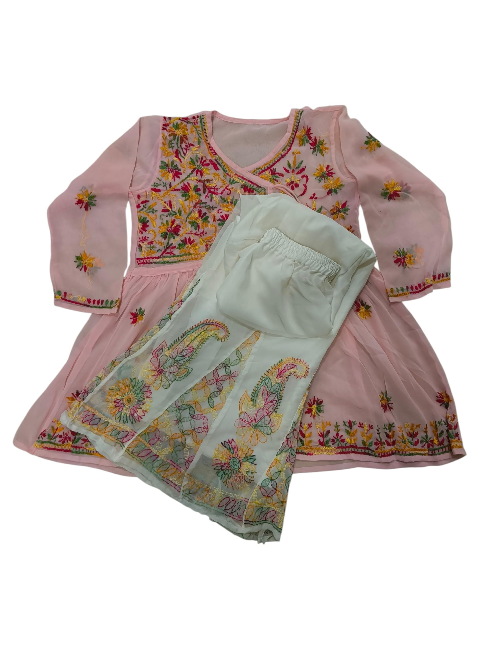 Women Short top Frock Embroidery Chikankari Design Flower Styles sharara multithered Short Frock Set-picture-38