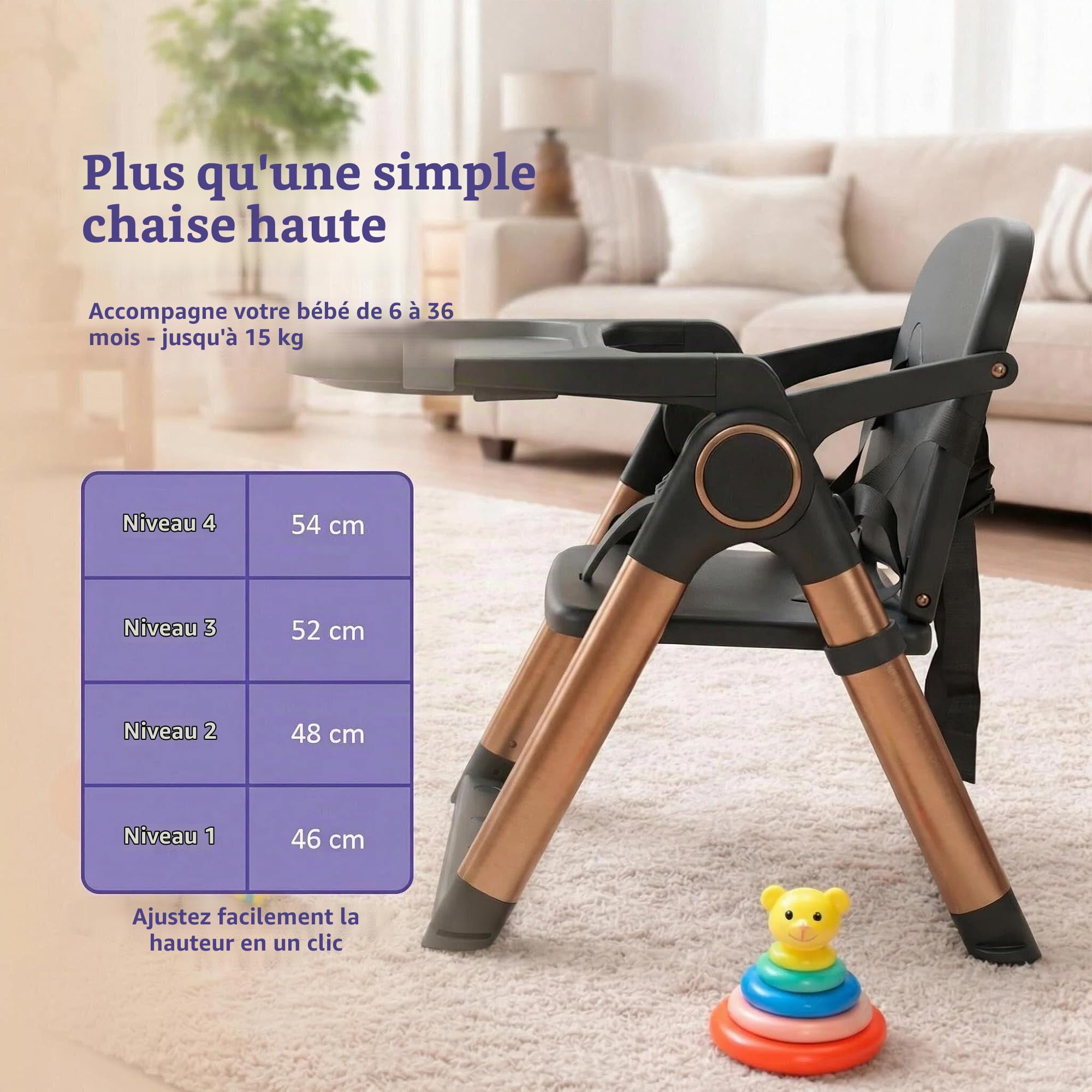 Chaise Haute Bébé Pliable Compacte 2 en 1, Rehausseur Bébé Portable avec Sangles, 4 Hauteurs Réglables, Plateau Amovible, Gain de Place, Sac de Transport, 6-36 Mois jusqu’à 15 kg (Noir Doré)