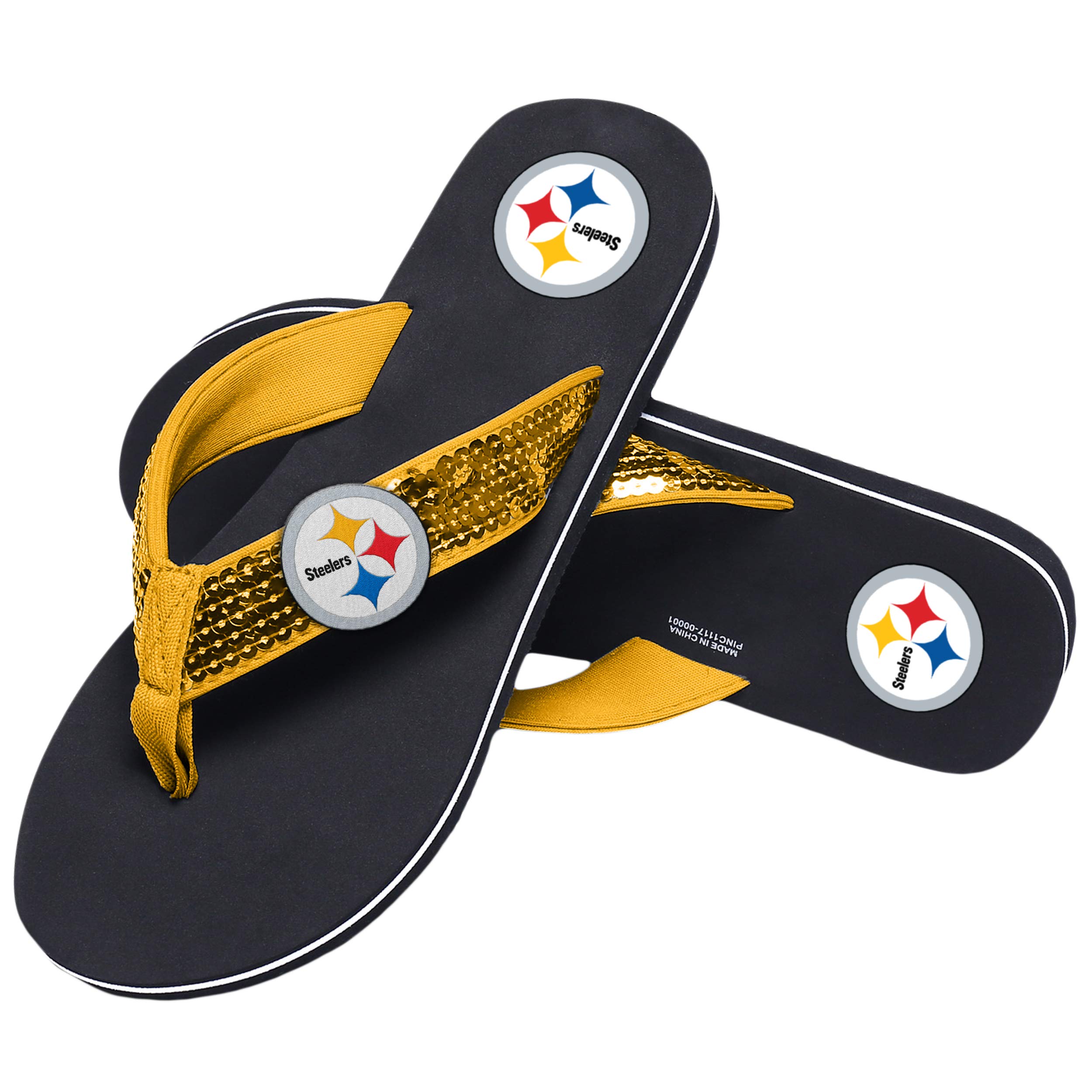 FOCO Womens NFL Team Logo Sequin Strap Sandals Flip Flops