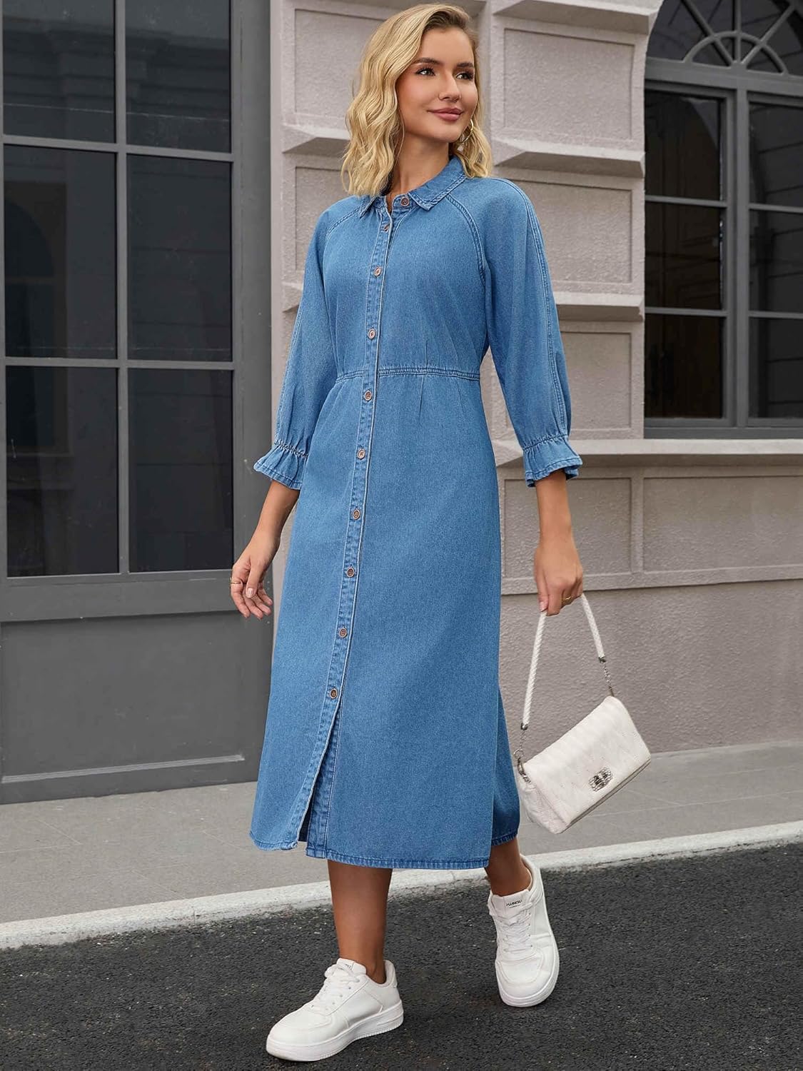 Women Denim Dresses Midi 2025 Casual Ruffle 3/4 Sleeve Jean Button Down Shirt Dress - Image 2