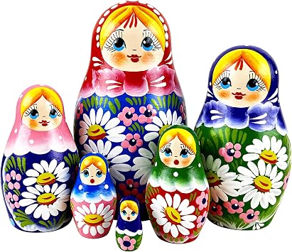 AEVVV Matryoshka Dolls Set of 6 pcs - Russian Dolls in Rainbow Sarafan Dress with Meadow Flowers - Traditional Nesting Dolls with Flower Decorations - Matryoshka Doll