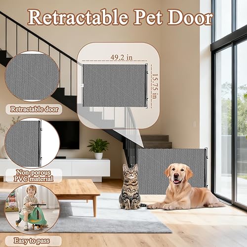Miniatura 2 de Puertas retráctiles para mascotas, barrera retráctil extra ancha para mascotas, puerta a prueba de perros con 3 ganchos para puerta, cocina