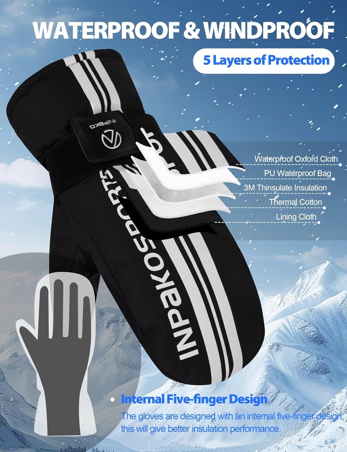 Winter Ski Mittens with Removable Wrist Guard, 3M Thinsulate Snow Mittens with Inside Glove Liners, Waterproof Windproof Touchscreen Snowboard Mitten for Men Women, 5-Layer Thermal Cold Weather - Image 3