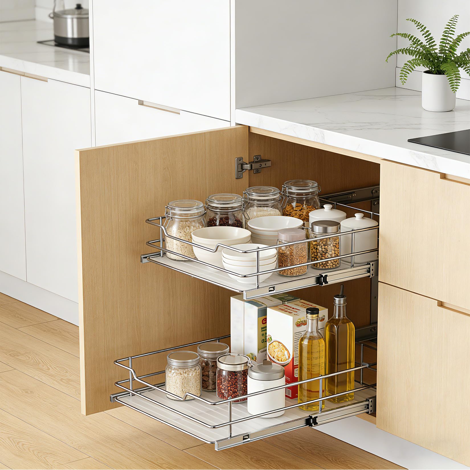 Panier coulissant 2 niveaux pour placard de cuisine, tiroir extractible avec glissières à billes, acier carbone électroplaqué, gain de place, 20x21, Double-layer guide rail, Carbon steel