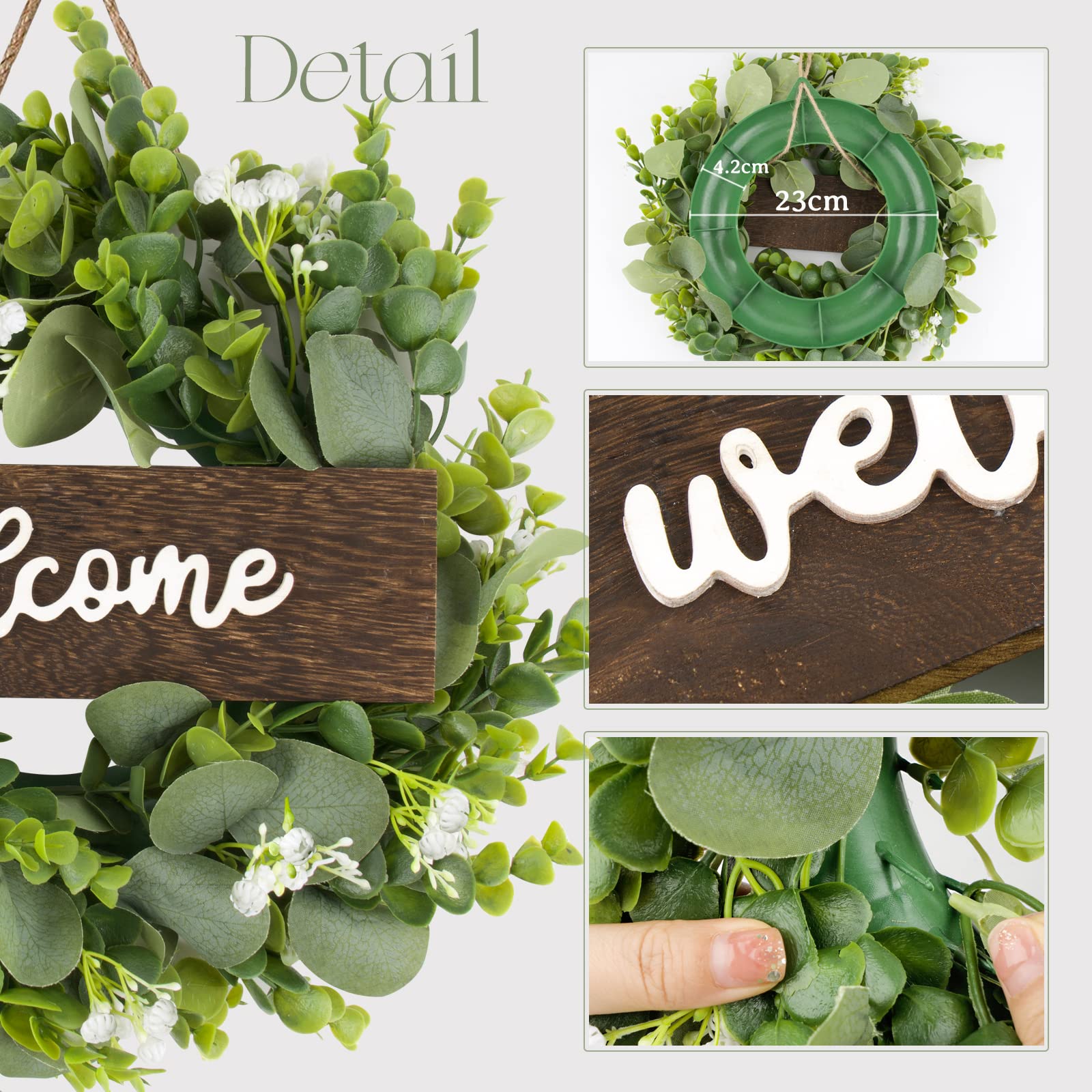 Ghirlanda Benvenuto Con Scritta Welcome - Diametro 33cm, In Eucalipto Finto | Per Porta D'Ingresso O Parete | Decorazione Casa Elegante - Foto 6