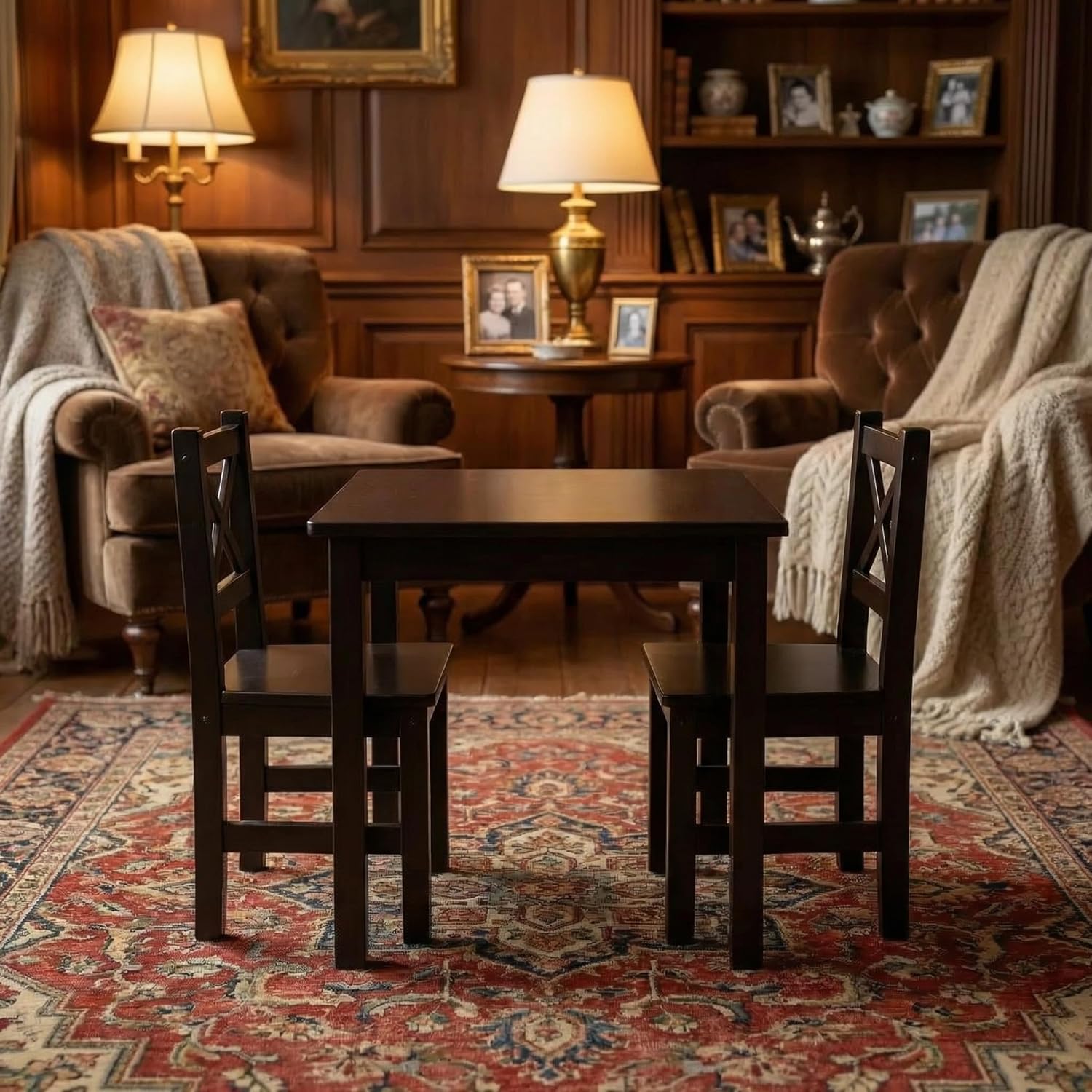 PETIT BATEAU Solid Wood Toddler Kids Table and 2 Chairs Set,Modern Wooden Furniture with Irish Designer for 2-8 Years,DarkWalnut