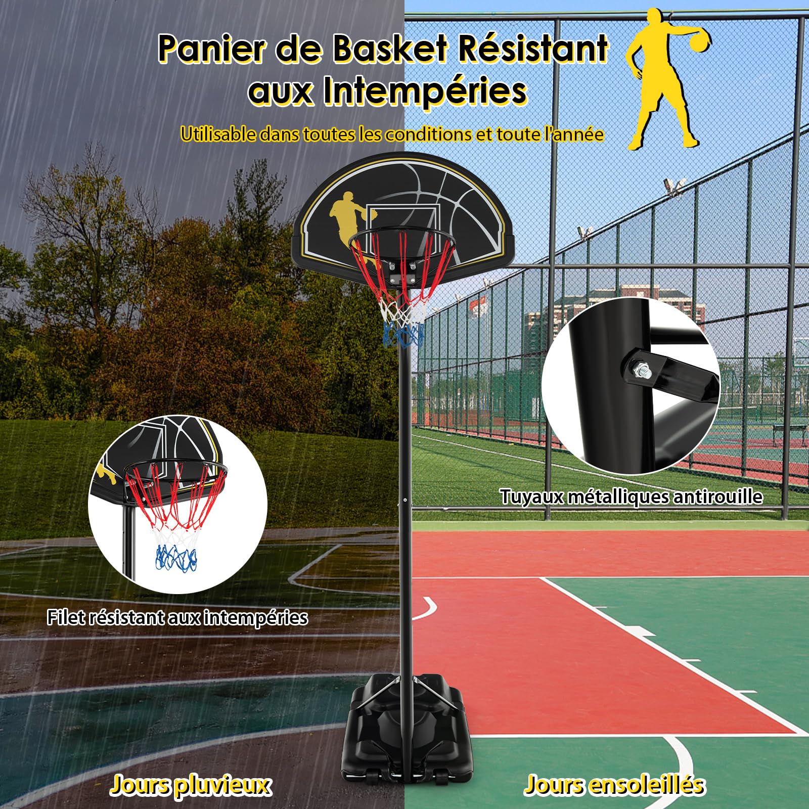 COSTWAY Panier de Basket-Ball sur Pieds Hauteur Réglable 130-305cm, Support de Basket Portable avec Roues et Base Rechargeable Résistant aux Intempéries, pour Intérieure & Extérieure