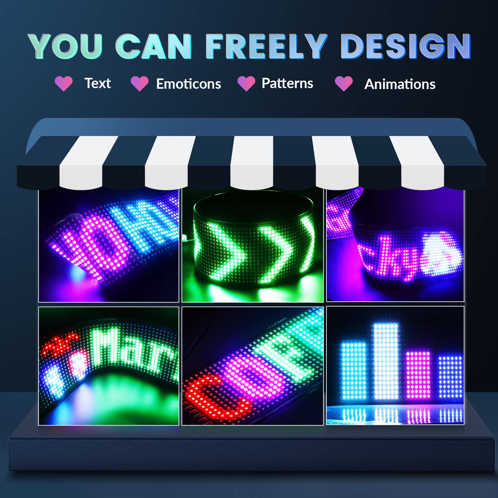 led laufschrift programmierbar, 68x12 cm Flexible LED Anzeige Board mit APP-Steuerung, Vollfarbig Devil Eyes Matrix Panel Display für Werbung, Party, Bar, Hotel