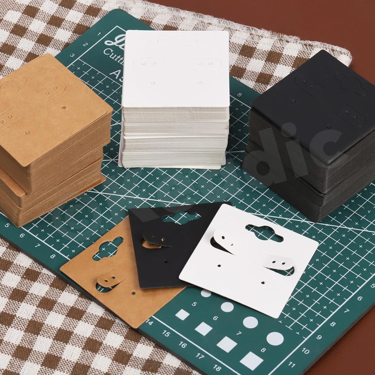 Keadic 550Pcs 2" x 2" Earring Display Holder Cards With Backs and Jewelry Package Bags - Kraft/White/Black Blank Paper Hanging Card With 6 Holes Fit 3 Pairs for Selling Handmade Jewelry