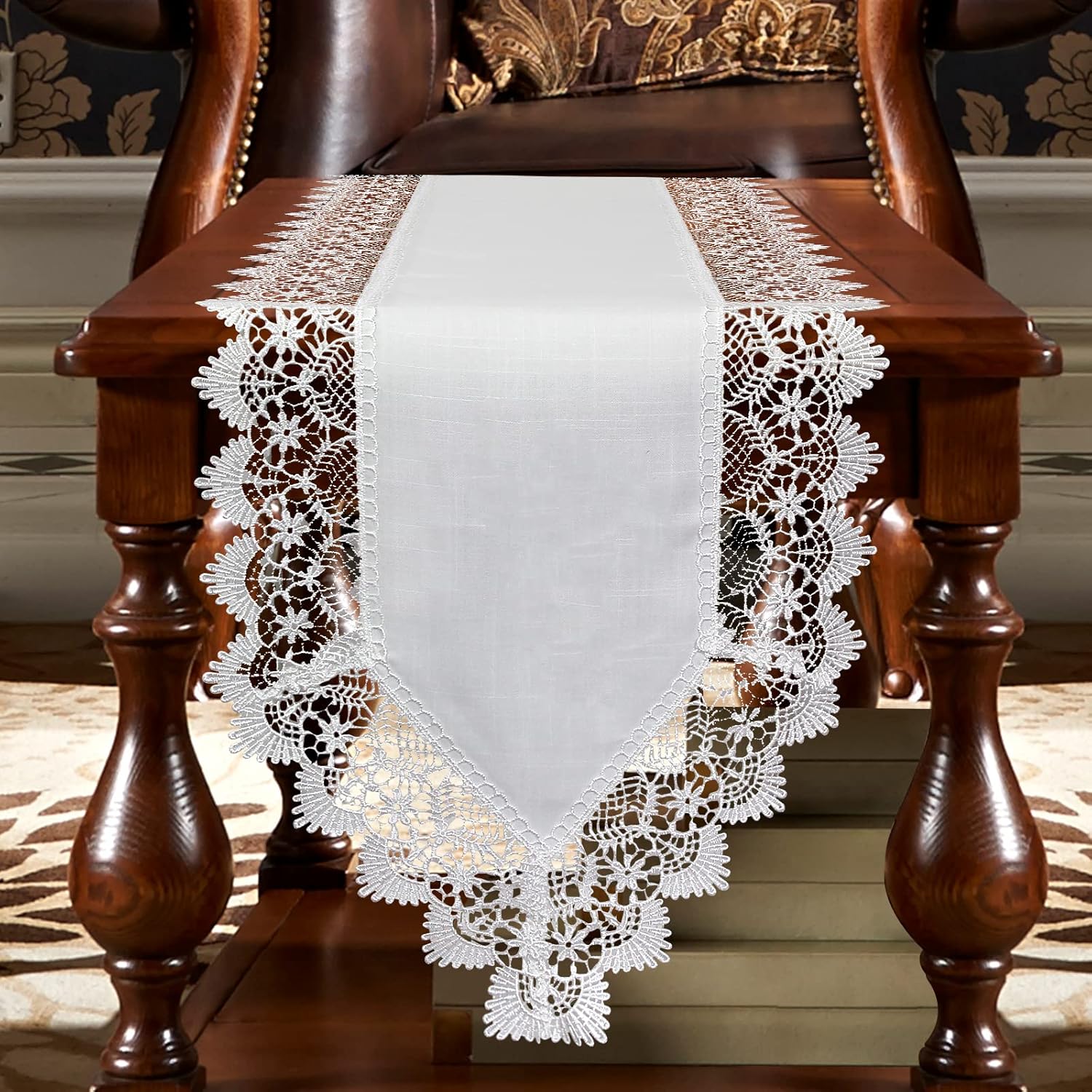 Elegant Vintage White Table Runner 120 inches Long with Exquisite Macrame and Embroidered Floral Pattern Perfect as a Dresser Scarf (14X120'')