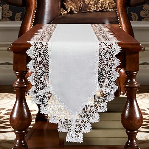 Elegante camino de mesa blanco vintage de 72 pulgadas de largo con exquisito macramé y patrón floral bordado, perfecto como bufanda de tocador (14 x