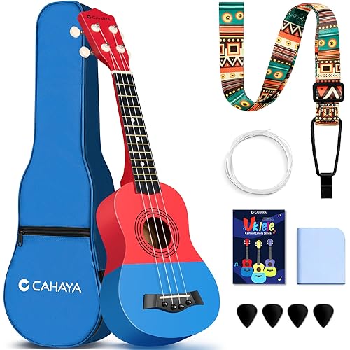 CAHAYA 21-Inch Cartoon-themed Mahogany Soprano Ukulele Beginner Kit with Gig Bag, Colorful Strap, and Fretboard Stickers—Perfect for Kids and Adults, Professional Hawaiian Ukulele Gift