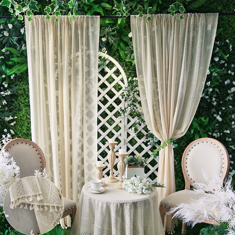 RunFar shop Lot de 2 rideaux bohème beige vintage français rétro tricoté transparent en dentelle pour salon, chambre à coucher