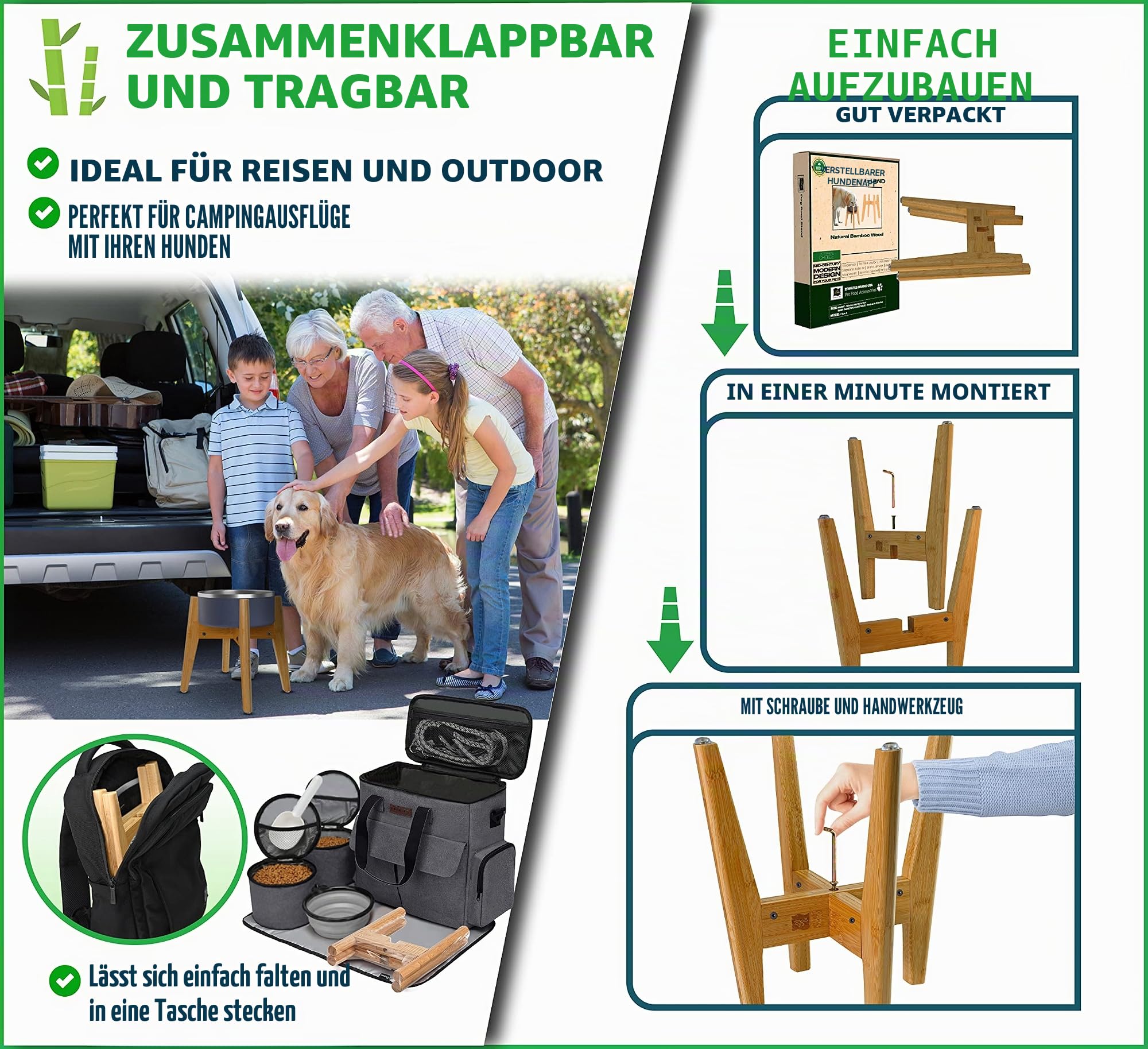 Verstellbarer Hundenapfständer – erhöhter, erhöhter Futternapfhalter – Breite (ausziehbar 17,8-25,4 cm) – natürlicher Bambus