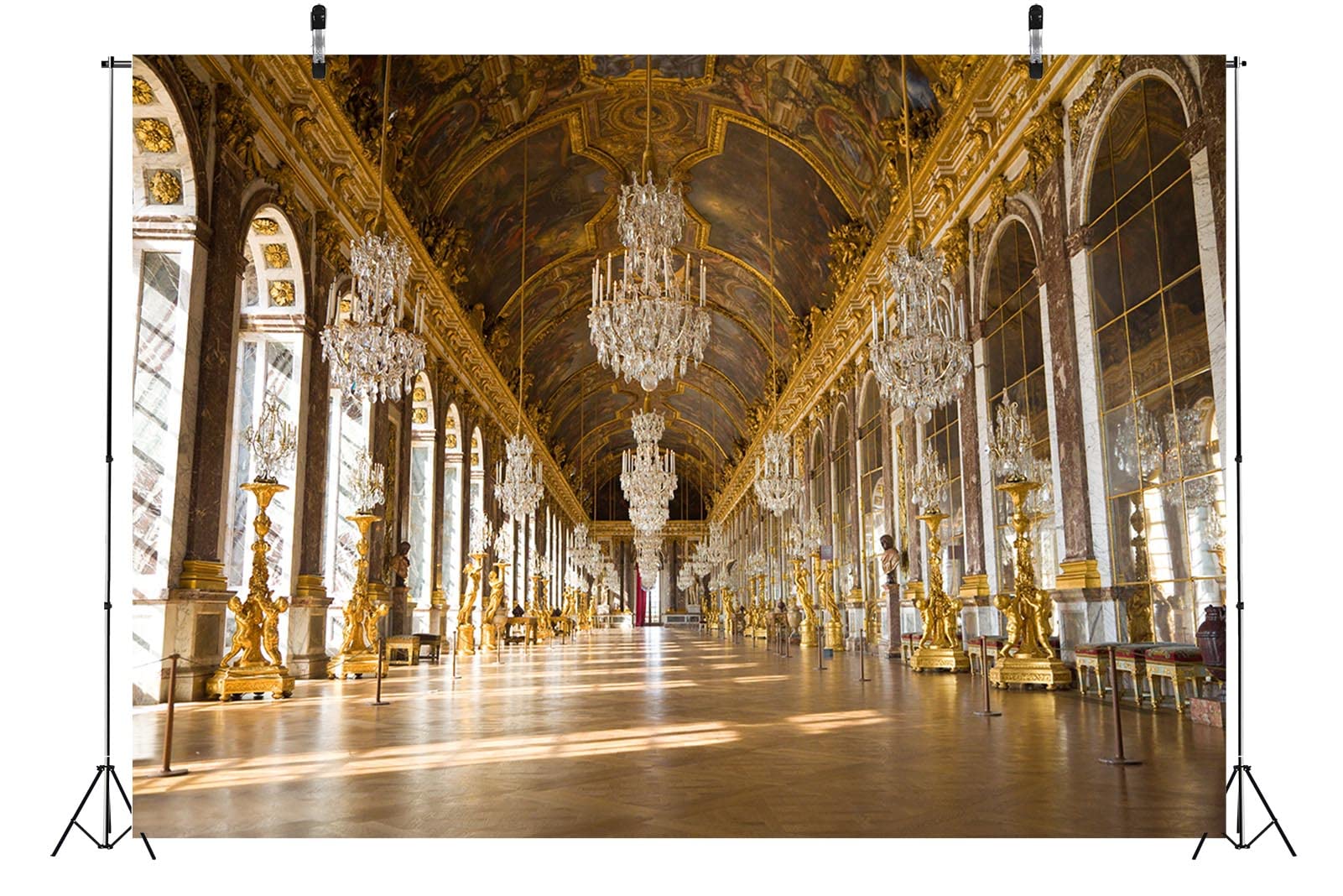 BELECO 3x2m Tissu Château Royal de Versailles Toile de Fond La Galerie des Glaces France Miroir Galerie Toile de Fond Lustre de Luxe Sculpture Plafond Mural Anniversaire Mariage Photoshoot