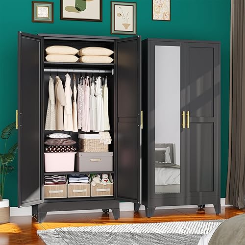 Armario de metal de 71 pulgadas, armario de almacenamiento de ropa de acero con espejo y estantes ajustables, armario de almacenamiento de acero
