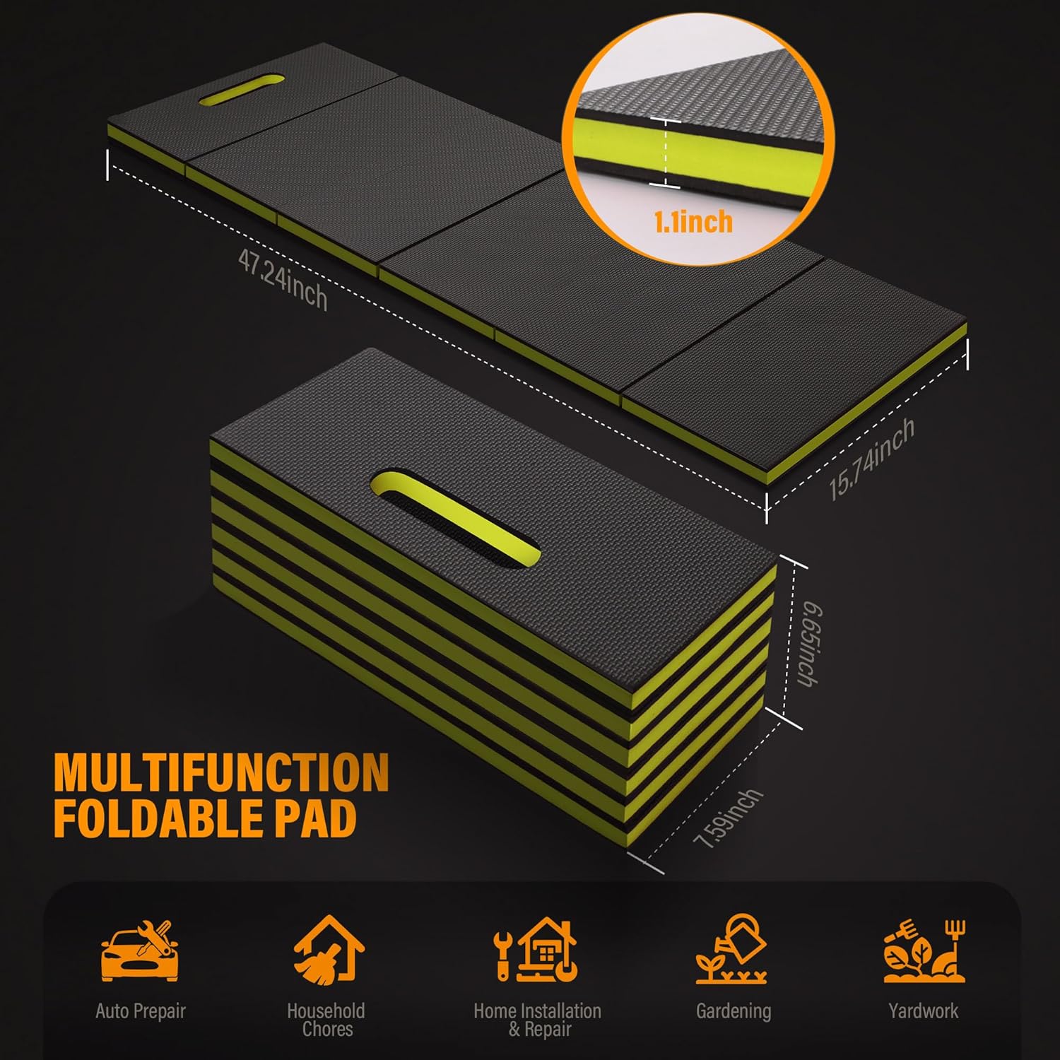 Foldable EVA Utility Mat with Handle, Heavy Duty Mechanic Mat for Kneeling, Workouts, Garages, Gardening, Camping, Picnics, Outdoor Adventures and Home Gyms, Green