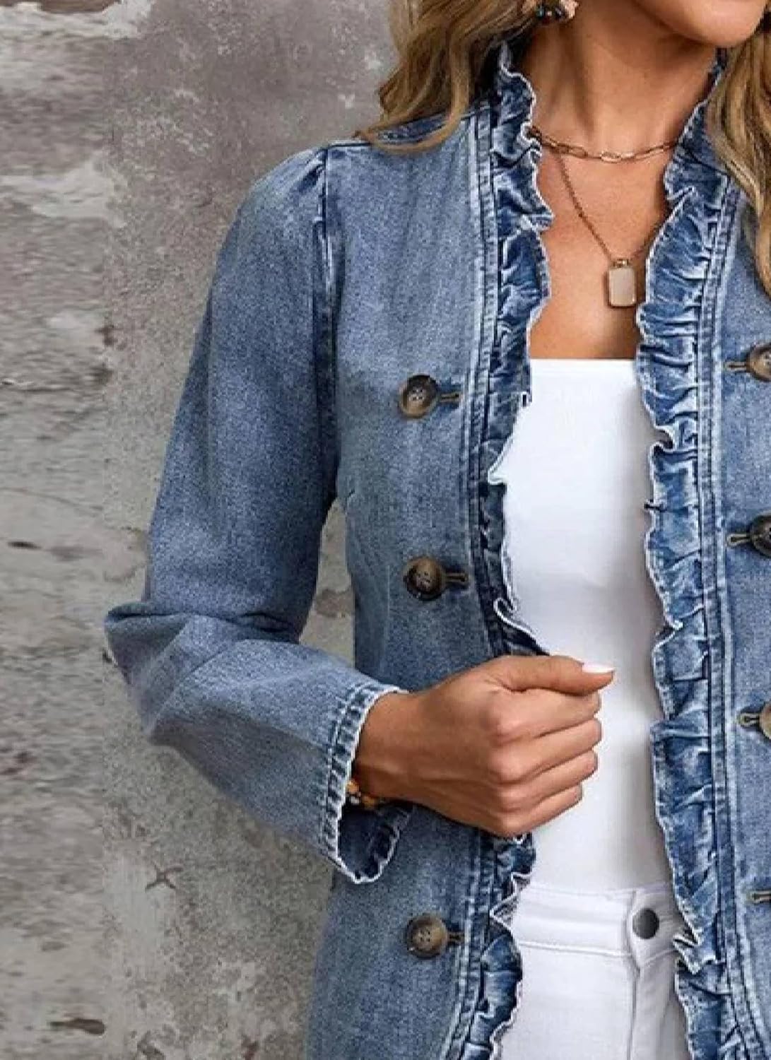 Women's Ruffled Denim Collarless Jacket Double Breasted Side Pocket Jean Coat 2025 Spring Casual Fashion Outwear