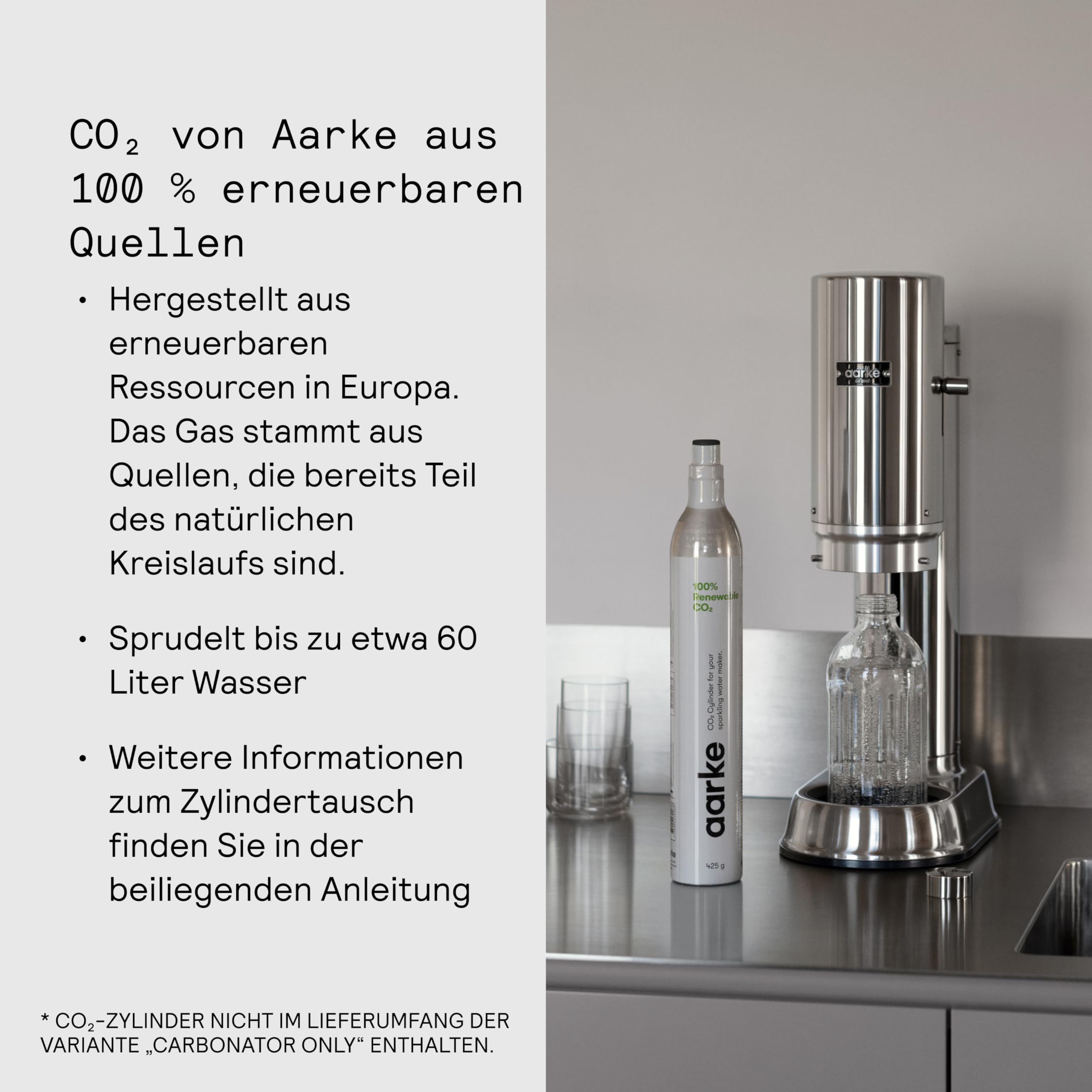 Aarke Carbonator Pro, Wassersprudler mit Glasflasche, Edelstahl Finish