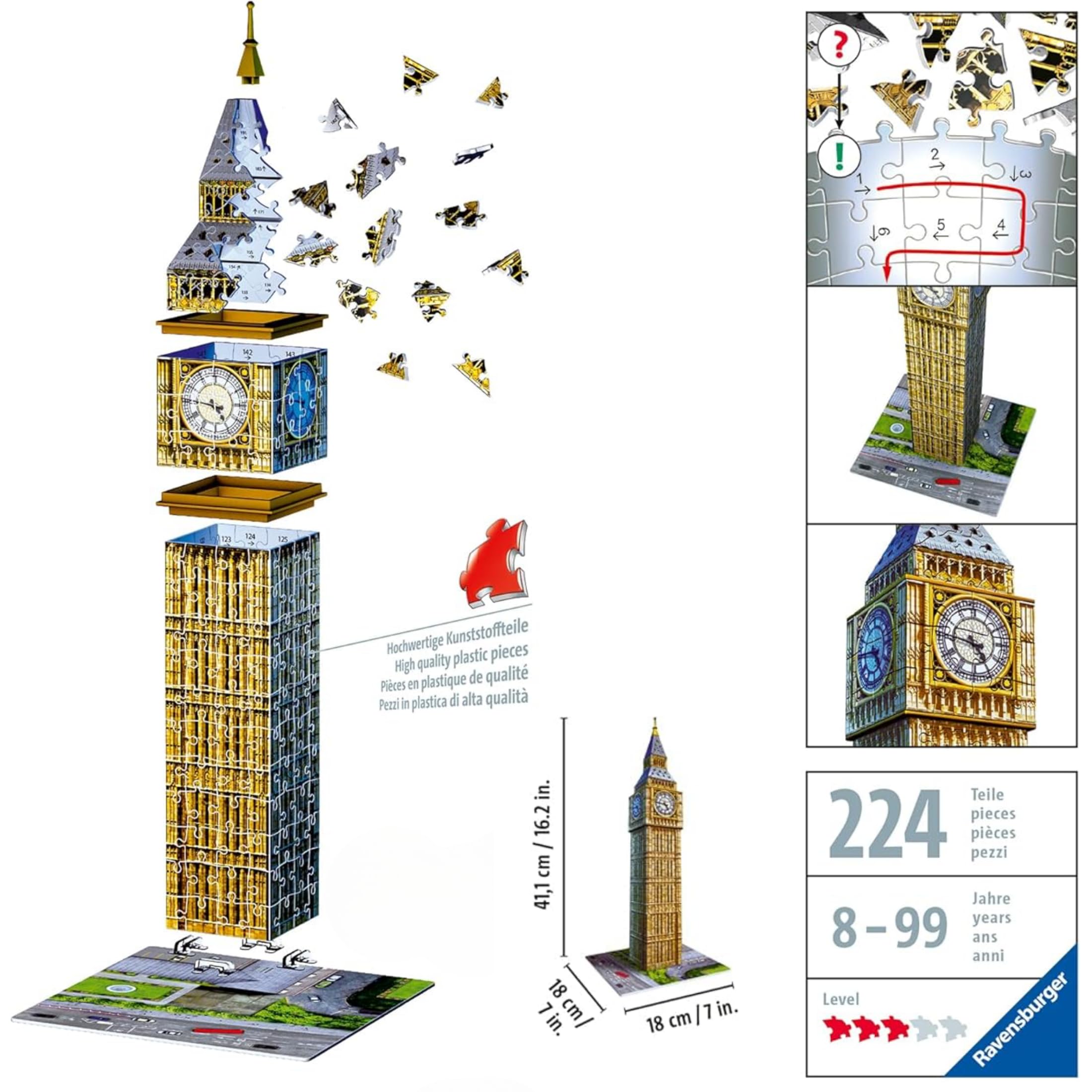 Ravensburger - Puzzle 3d Adultos Big Ben | Puzzles 3d Para Adultos Y Niños De 8 Años O Más | Maquetas Para Montar De 216 Piezas | Regalos Niños 8 Años O Más