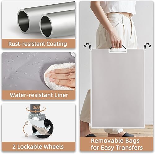 Vista 5 de STORAGE MANIAC Clasificador de ropa sucia de 3 secciones, carrito de lavandería de 35.6 galones (135 L) con ruedas resistentes con cerradura y Gris