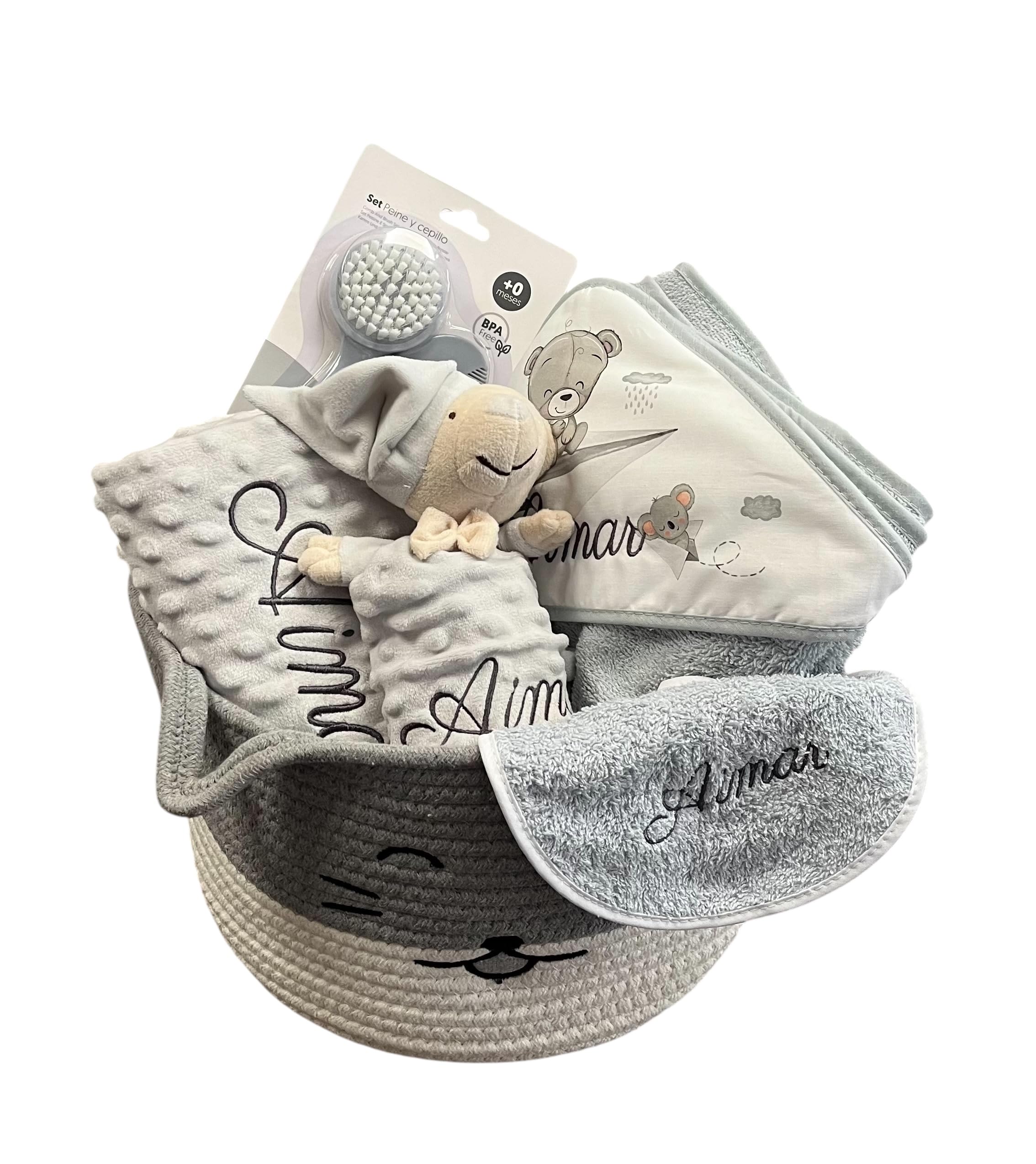 Danielstore Canastilla Bebé Personalizada Cesta Regalo Incluye Manta + Dou Dou + Toalla Baño Bebé + Babero Personalizado Regalo para Recién Nacidos (Gris Cesta Multiusos Peine)
