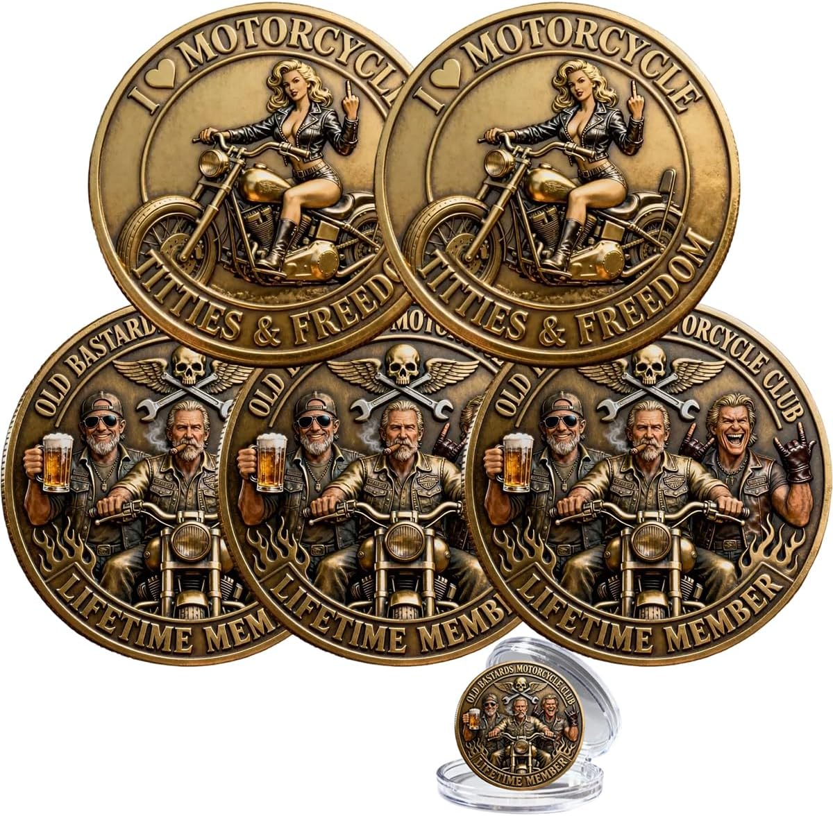 Old Bastards Motorcycle Club Commemorative Coin, Double Sided Vintage Motorcycle Challenge Coin,Gife for Bikers and Riders (5PCS)