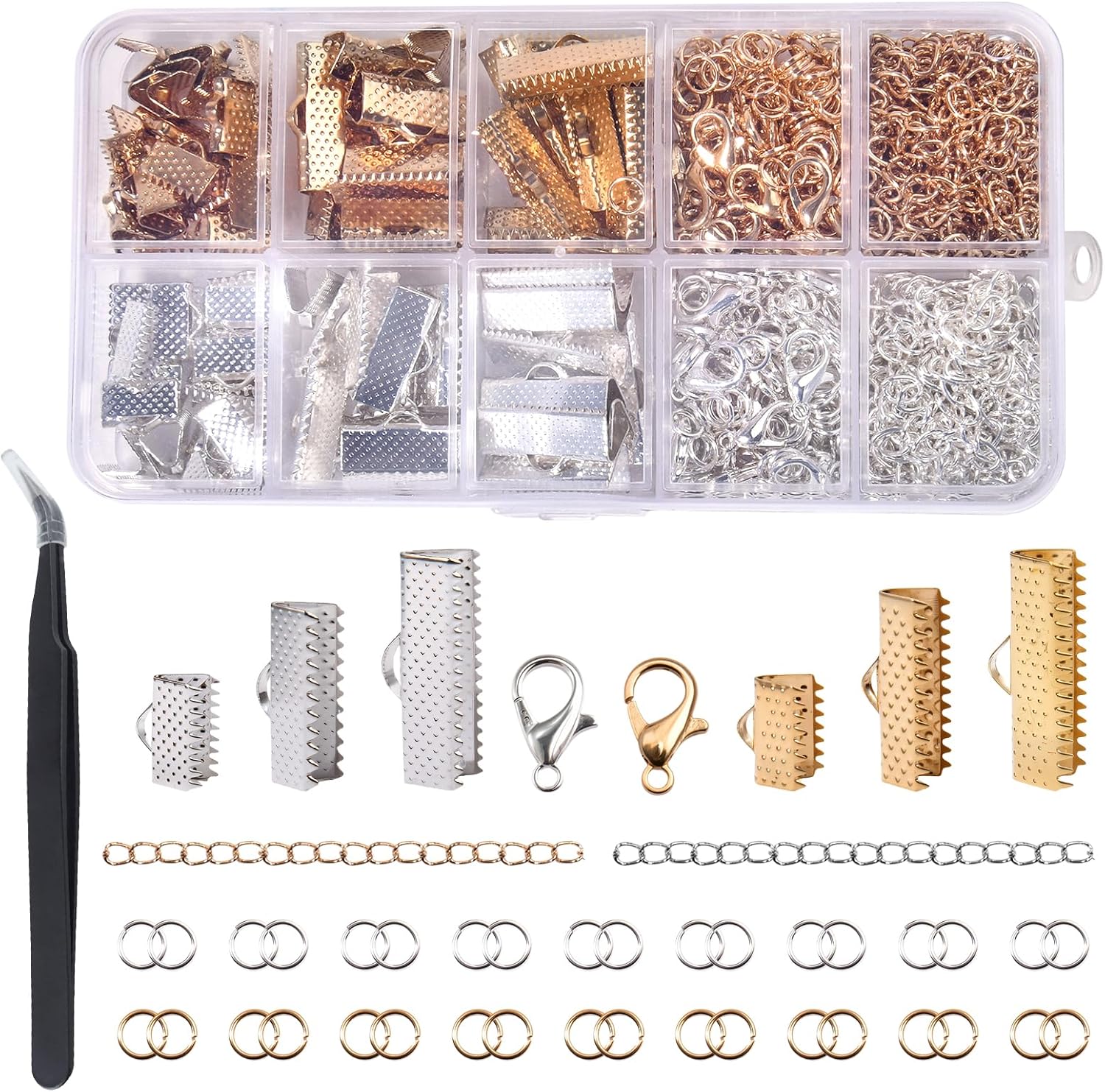 SPEEDWOX 371Pcs Ribbon Bracelet Kit for Jewelry Making Ribbon End Crimps Lobster Clasps with Jump Rings and Chain Extenders for DIY Making Bookmark Pinch Bracelet Choker Necklace (KC Gold and Silver)