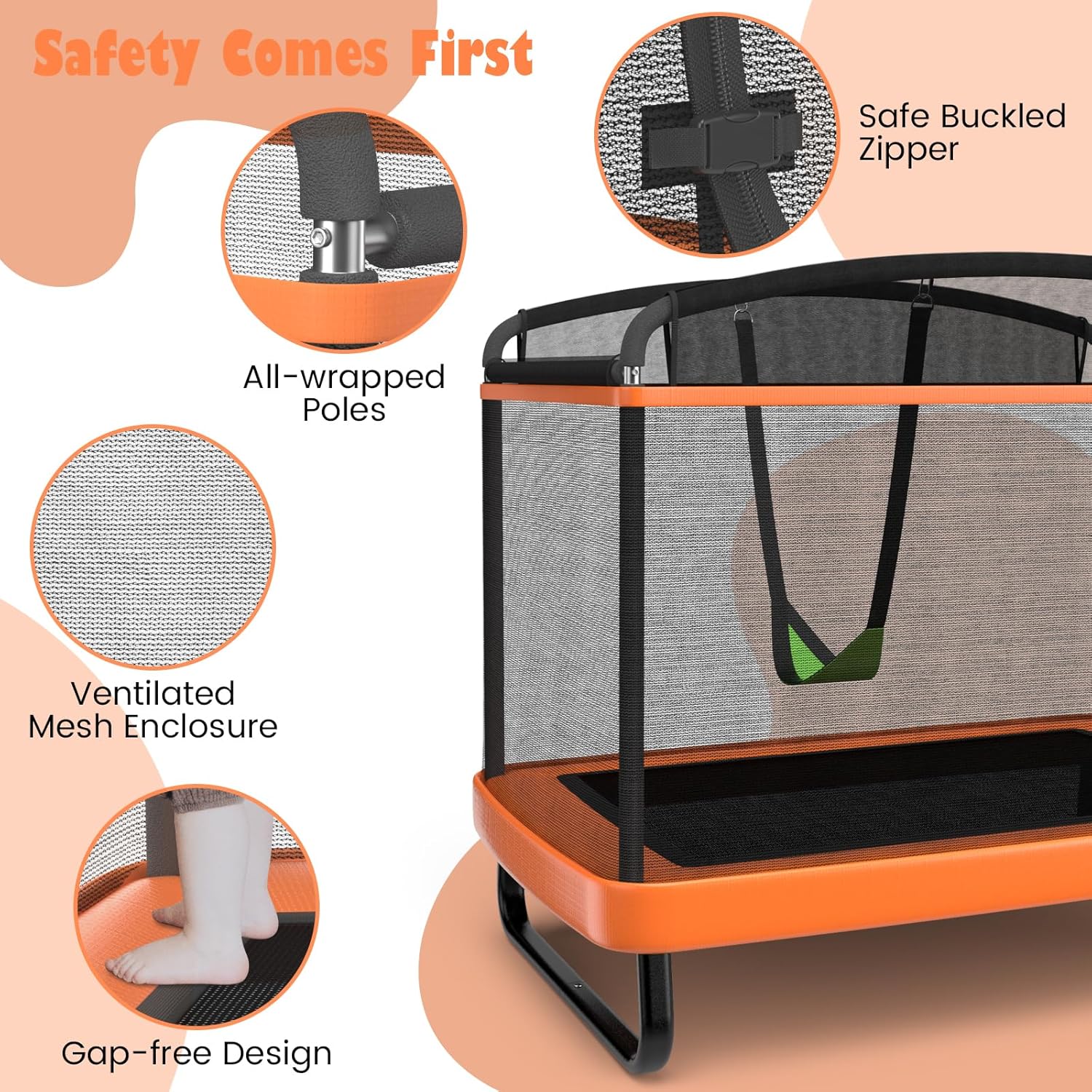 Diagram showing safety features: safe buckled zipper, all-wrapped poles, ventilated mesh enclosure, and gap-free design.