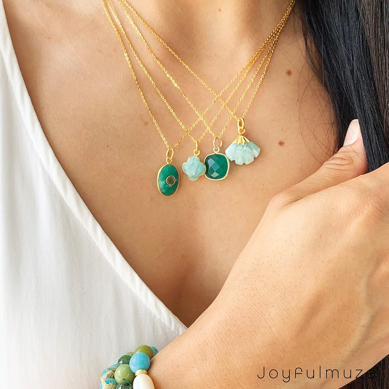 Mermaid Shell Fan Pendant Necklace Women Women, Amazonite and Labradorite Natural Carved Gemstones, Handmade 18K Gold Plated Sterling Silver Chain, Dainty Crystal Jewelry Gift 18 Inch Women
